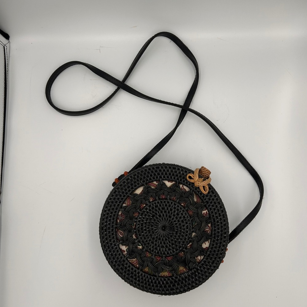 Woven Black Rattan Round Crossbody Bag Batik Floral Lining Boho Circle Purse 8in